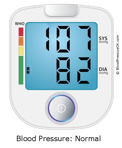 Blood Pressure 107 over 82 on the blood pressure monitor