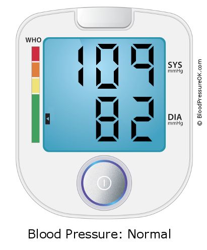 Blood Pressure 109 over 82 on the blood pressure monitor