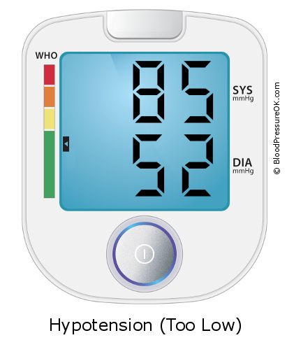 Blood Pressure 85 over 52 on the blood pressure monitor