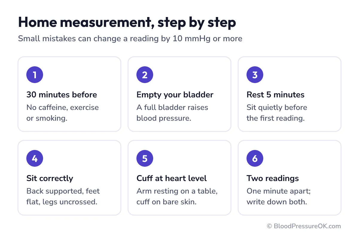 Six steps for home measurement: 30 min without caffeine, empty bladder, rest 5 min, sit right, cuff at heart level, two readings