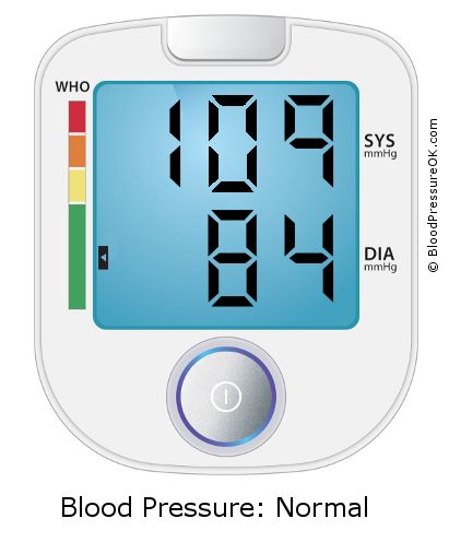 Blood Pressure 109 over 84 on the blood pressure monitor
