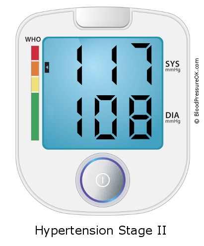 Blood Pressure 117 over 108 on the blood pressure monitor