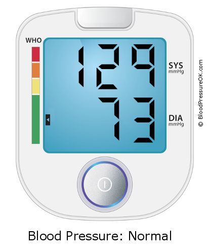 Pressão de cheiro 129 acima de 73 no monitor de pressão arterial