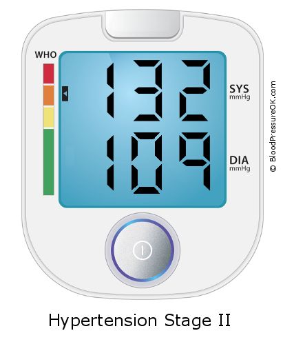 Blood Pressure 132 over 109 on the blood pressure monitor