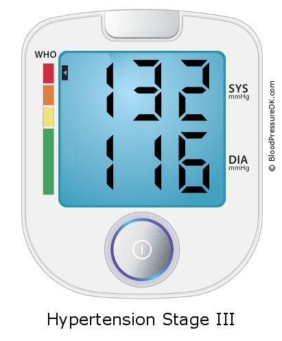 Blood Pressure 132 over 116 on the blood pressure monitor