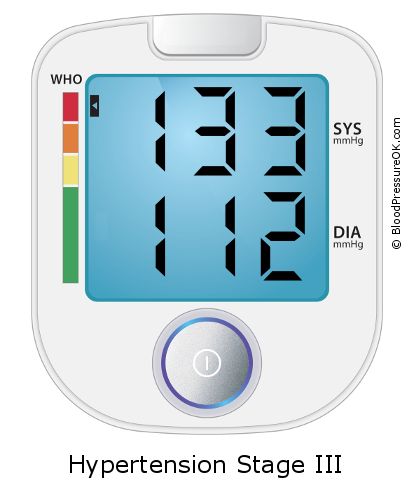 Blood Pressure 133 over 112 on the blood pressure monitor