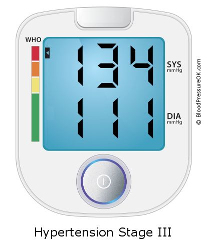 Blood Pressure 134 over 111 on the blood pressure monitor