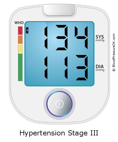 Blood Pressure 134 over 113 on the blood pressure monitor