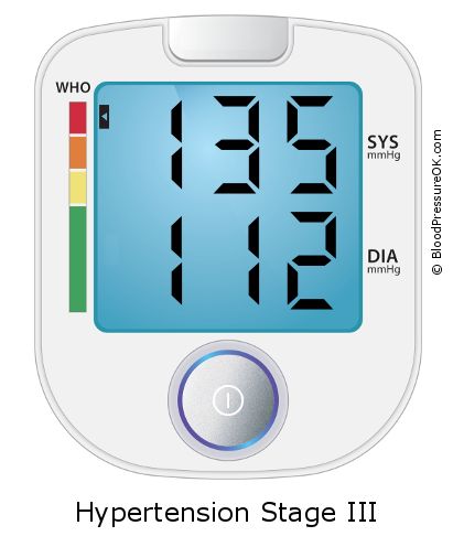 Blood Pressure 135 over 112 on the blood pressure monitor