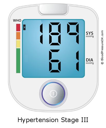 Blood Pressure 189 over 61 on the blood pressure monitor