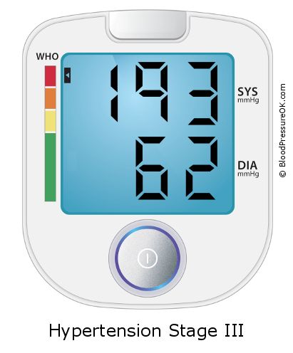 Blood Pressure 193 over 62 on the blood pressure monitor