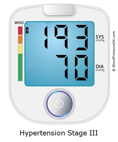 Blood Pressure 193 over 70 on the blood pressure monitor