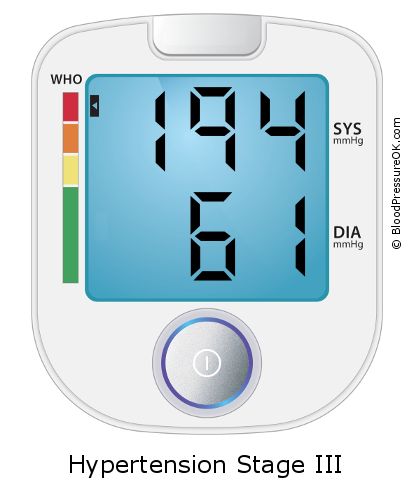 Blood Pressure 194 over 61 on the blood pressure monitor