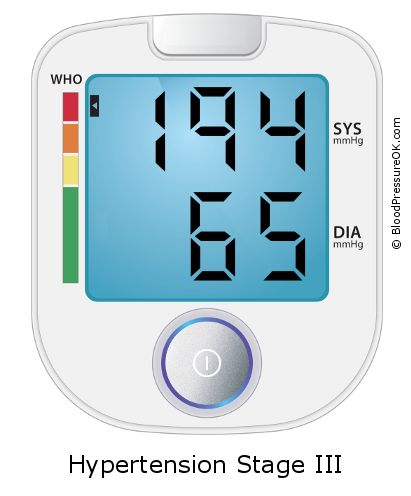 Blood Pressure 194 over 65 on the blood pressure monitor