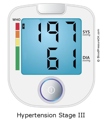 Blood Pressure 197 over 61 on the blood pressure monitor