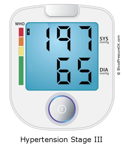 Blood Pressure 197 over 65 on the blood pressure monitor