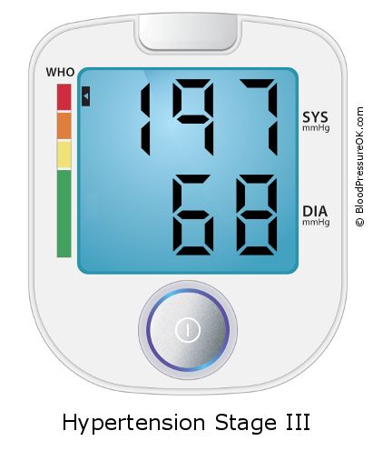 Blood Pressure 197 over 68 on the blood pressure monitor