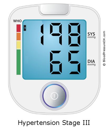 Blood Pressure 198 over 65 on the blood pressure monitor