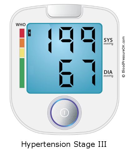 Blood Pressure 199 over 67 on the blood pressure monitor