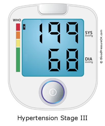 Blood Pressure 199 over 68 on the blood pressure monitor