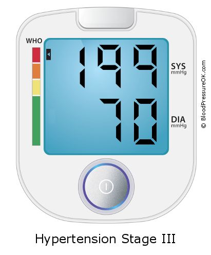 Blood Pressure 199 over 70 on the blood pressure monitor