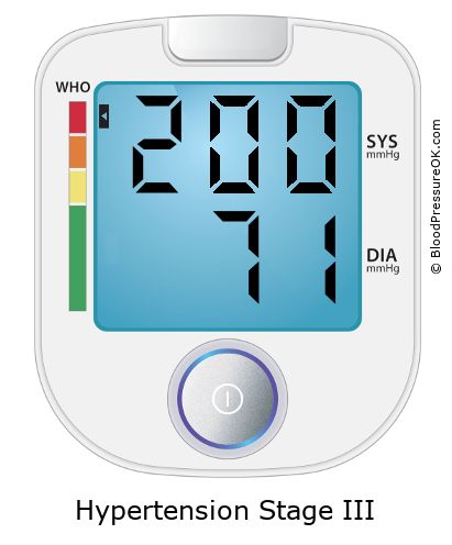 Blood Pressure 200 over 71 on the blood pressure monitor