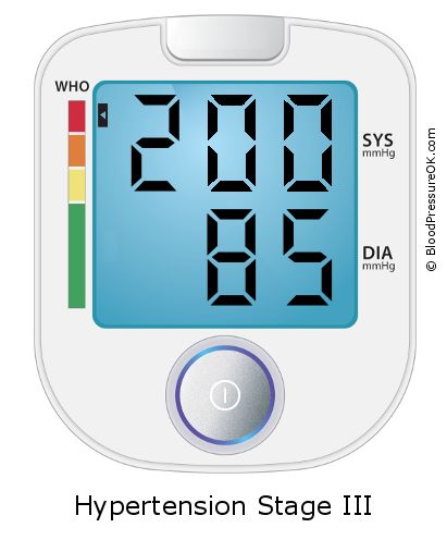 Pressão de cheiro 200 sobre 85 no monitor de pressão arterial