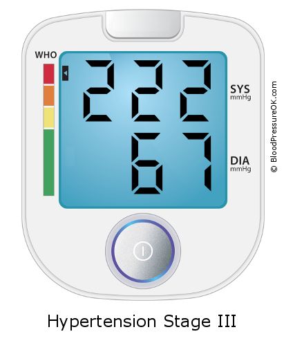 Blood Pressure 222 over 67 on the blood pressure monitor